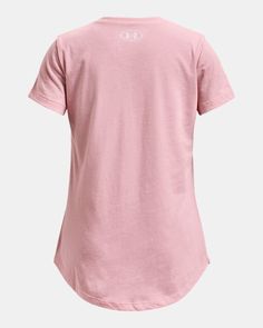 Super-soft, cotton-blend fabric provides all-day comfort|Ribbed collar|Dropped, shaped hem for enhanced coverage Pink Plain Cotton Tops, Plain Pink Cotton Tops, Under Armour Cotton Crew Neck Top, Casual Pink Under Armour Top, Casual Solid Color Under Armour Tops, Casual Under Armour Tops, Casual Fitted Under Armour Tops, Under Armour Girls, Back To School Shopping