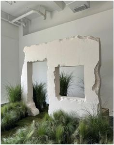 an art installation with grass growing out of the walls and in between two white cubes