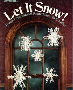 a book cover with snowflakes on the window and words let it snow there's dimensional snowflakes to crochet