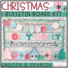 the christmas bulletin board kit is displayed in front of a wooden background with words and ornaments