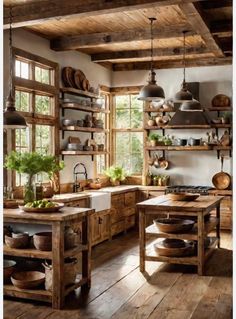 a kitchen with wooden floors and open shelves