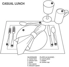 an image of a table setting with the words casual lunch written in black and white