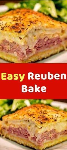 easy reuben bake recipe with ham and cheese in the middle on a white plate