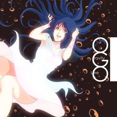 an anime character with long hair flying through the air in front of bubbles and stars