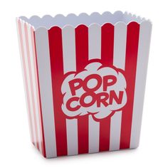 a red and white striped popcorn bag with the word pop corn on it's side