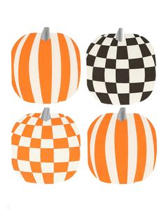 three pumpkins with black and white designs on them, one in the shape of a checkerboard pattern