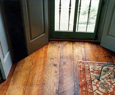 a rug on the floor in front of an open door