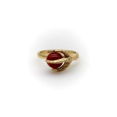 This is part of Chairish’s Fine Jewelry assortment.  In this 18k gold vintage ring, a three-dimensional claw rises up and clasps a coral bead. The claw is impressively lifelike, with a matte texture and intricate detail. The bead is a rich Sardinian red coral that pops against the matte gold surface. The bead is held securely in place by a bar through its center. This ring evokes a sense of mystical power.   The ring is marked 750. The ring’s band is just under 1/8” wide. The claw measures 7/16” Formal Yellow Gold Jewelry With Red Coral, Red Coral Ring, Gold Vintage Ring, Green Cocktail, Claw Ring, Vintage Cocktail Ring, Gold Cocktail Ring, Matte Texture, The Claw