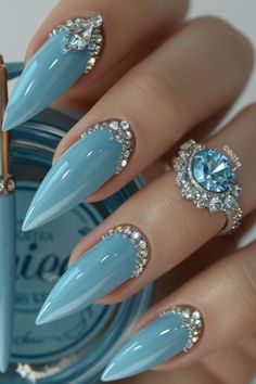 Brown Fall Nails, Nail Art Fall, Tiffany Blue Nails, Gem Nail Designs, Tiffany Nails, Blue And Silver Nails, Punk Nails, Polish Ideas