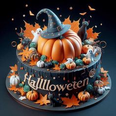 a halloween cake decorated with pumpkins, ghostes and bats on a black background