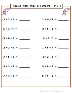 the addition worksheet for adding more than 2 numbers 0 - 9 is shown