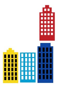 an image of three buildings with different colors and shapes in the same pattern on white background