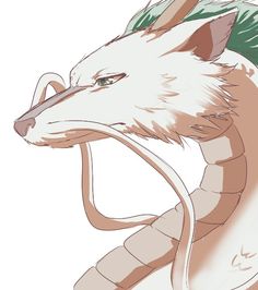 a drawing of a white dragon with green wings on it's head and tail