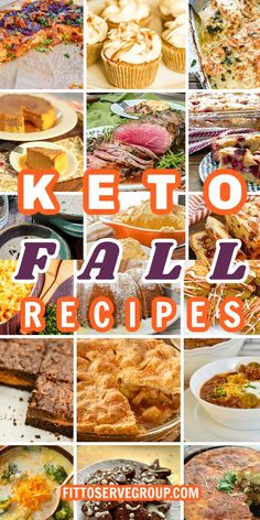 a collage of keto friendly recipes including pies, casseroles and other desserts