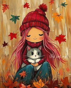 a painting of a girl holding a cat with autumn leaves around her and falling leaves on the ground