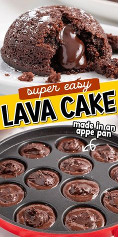 a chocolate lava cake in a pan with the title super easy lava cake made in an appliance pan