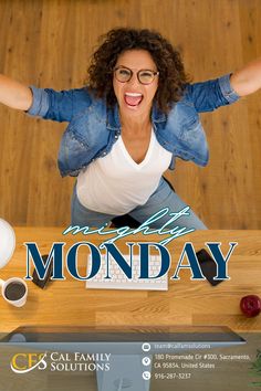 a woman with her arms spread out in front of the camera and text that reads monday