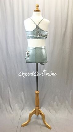 Shimmery Lt Grey lycra top and booty short decorated with Graphite beaded/Iridescent sequin/pearl appliques and LOTS of Swarovski rhinestones! * Over 4 gross of Swarovski Enhanced Crystal 30ss, Crystal 20ss Rhinestones! Silver Embellished Fitted Bottoms, Bedazzled Fitted Party Bottoms, Bedazzled Fitted Bottoms For Party, Glamorous Silver Fitted Sets, Baggy Clothing, Iridescent Sequin, Boy Cuts, Costumes For Sale, Beaded Applique