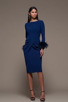 Cross Pleated Waistline Knee Length Dress - HerTrove Exclusive Gowns, Navy Cocktail Dress, Drape Gowns, Off Shoulder Gown, Draped Midi Dresses, Long Sleeve Cocktail Dress, Gown Pattern, Fit And Flare Skirt, Printed Gowns