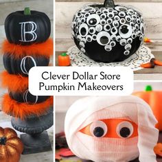 pumpkins and other decorations with the words clever dollar store pumpkin makeovers written on them