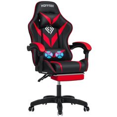 a black and red gaming chair with the word hopfree on it's back