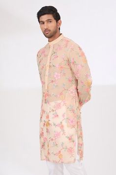 Beige kurta in cotton silk base with sequin and thread floral embroidery. Paired with a white cotton silk pant. - Aza Fashions Beige Kurta, Men Kurta, Silk Pant, Silk Pants, Band Collar, Pant Set, Embroidered Silk, Cotton Silk, Aza Fashion