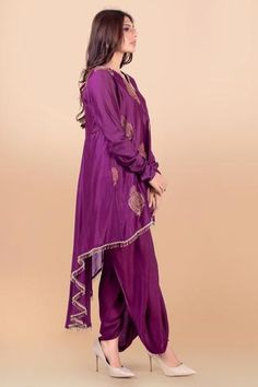 Shop for Jajobaa Purple Maheshwari Silk Woven Kurta And Dhoti Pant Set for Women Online at Aza Fashions Dhoti Pants, Purple Beaded, Silk Embroidery, Full Sleeves, Beaded Tassels, Floral Motifs, Pant Set, High Low Hem, Set For Women