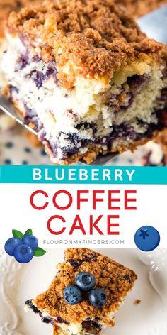 blueberry coffee cake on a white plate with the title above it in red, white and blue