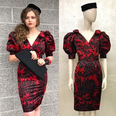 Vintage 1980's Ladies GIVENCHY NOUVELLE BOUTIQUE Dress Black Red Belt Hat 26" W Gorgeous 1980's Givenchy red on black dress. Dress comes with matching hat & belt. There is no fabric tag inside - the fabric is a thick, ribbed material that's super soft and smooth which leads me to believe it may be a silk blend. Mostly lined. No pockets. Big poofy sleeves with a fitted pencil skirt style. Side zipper closure on the left side. Such a glamorous, one-of-a-kind piece! Please refer to measurements & condition below. ++Purse, sunglasses, jewelry, gloves not included++ Bust 36"-38" Waist 26" Hips 38" Shoulder to Hem 40" Waist to Hem 24 ½" Shoulder to Shoulder 15" Arm Opening (Cuff) 10"  Sleeve Length 15" Condition Great vintage condition! Someone tried to poke a couple extra holes into the belt & Poofy Sleeves, Lace Apron, Red Belt, Matching Hat, Boutique Dress, Color Run, Skirt Style, Boutique Dresses, Skirt Fashion