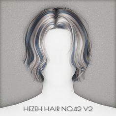 a white mannequin with grey and blue hair