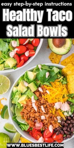 healthy taco salad bowls with text overlay