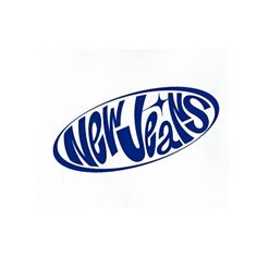 the new york jets logo is shown in blue and white letters on a white background