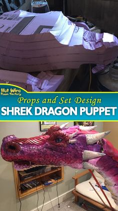 an image of a dragon that is made out of construction paper and cardboard with the words shrek dragon puppet on it