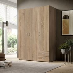 a large wooden cabinet in a living room