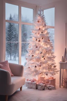 a white christmas tree in front of a window with presents on the floor next to it