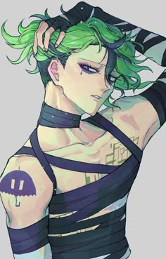 an anime character with green hair and tattoos on his arm, wearing a black top