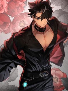 an anime character standing in front of flowers with his hands on his hips and wearing a black outfit