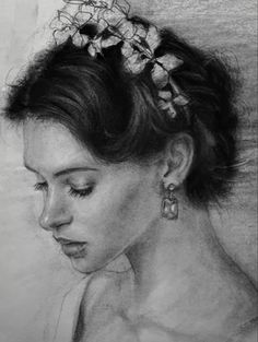 a pencil drawing of a woman with flowers in her hair and earrings on her head