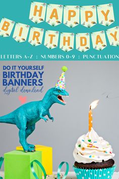 a birthday card with a dinosaur and cupcake