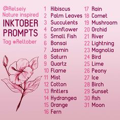 a pink poster with the names of inktober proms and other things on it