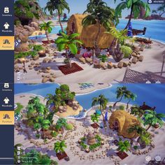 a computer screen shot of a tropical island with lots of palm trees and small huts