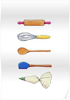 six different types of kitchen utensils and spatulas on a white background poster