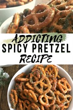 the recipe for adding spicy pretzels is shown in two different bowls and on top of