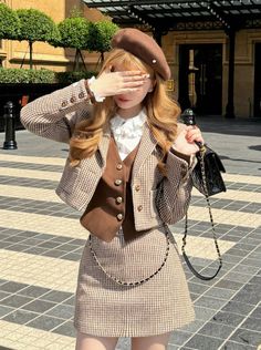 ❤︎ Chidori lattice retro brown wool jacket + best + skirt❤︎ Vintage Preppy Fashion, 1980s London Fashion, Modern Steampunk Fashion Casual, 90s Preppy Fashion Women, Vest And Skirt Set, Blair Waldorf Fall Outfits, Jacket Tied Around Shoulders, Brown Cute Outfits, Crochet Chanel Jacket