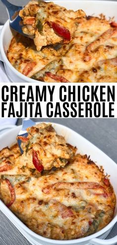 chicken fajita casserole in a white baking dish with a serving spoon