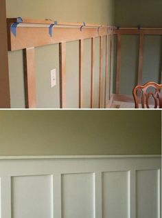 two pictures side by side showing the same paneling and door frame in different rooms