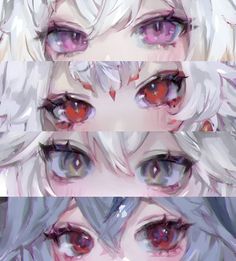 three different images of anime eyes with red and blue colored irises, one in the middle