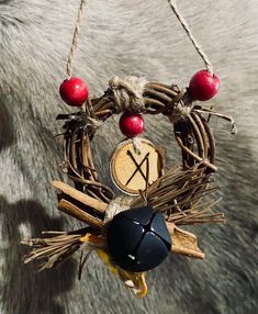 a bird feeder hanging from the side of a horse's head with apples and cinnamons on it