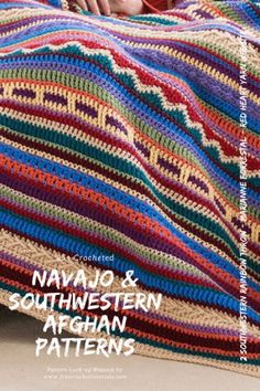 a woman laying in bed under a crocheted blanket with the words navajo and southwestern afghan patterns on it