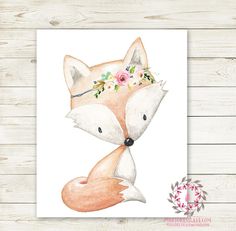 a watercolor painting of a fox with flowers on its head, sitting on a wooden surface